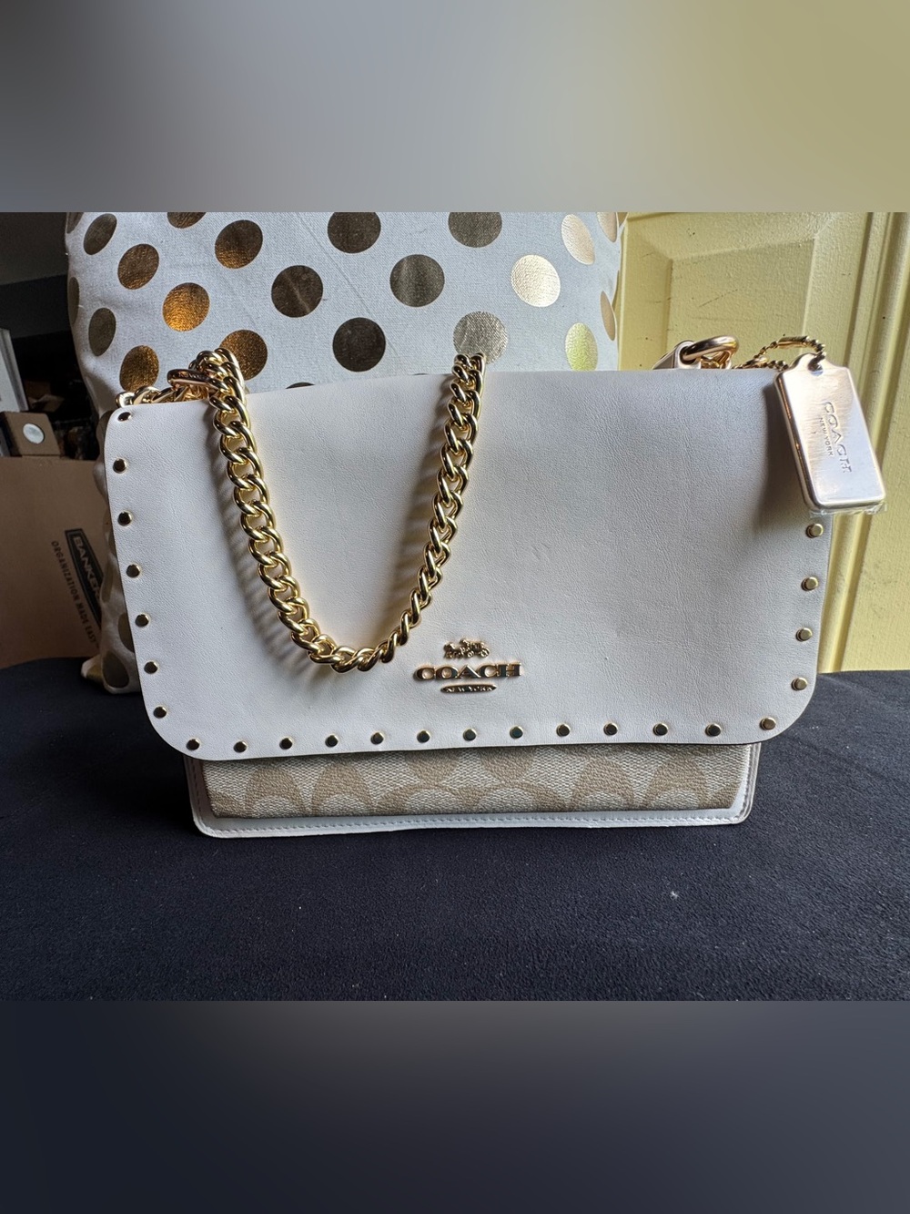 COACH White Leather & Signature Canvas Chain Shoulder Bag with Gold Hardware
